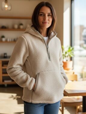 The North Face Teddy Jacket Hoodie Fleece Sherpa Womens Coat Cream Quarter Zip
